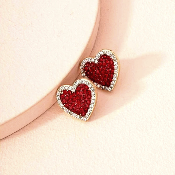 Rhinestone Earrings Hearts Heart Diamond Earrings Textured Ends Red Pave NEW… - Picture 3 of 3